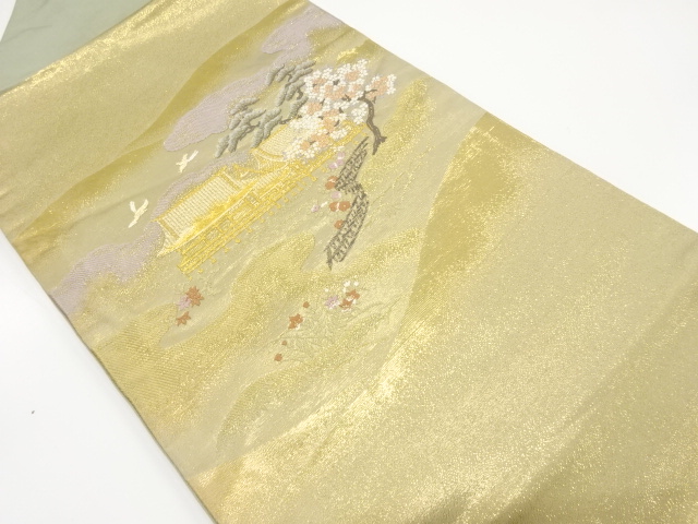 JAPANESE NAGOYA OBI / GOLD FOIL / WOVEN SCENERY OF MANSION